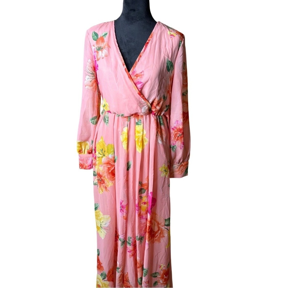 Ricarica Size M Pink Floral Maxi Dress V-Neck Long Sleeve Wrap Tie Waist NWT